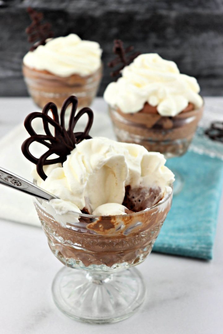 Decadent keto chocolate mousse with real whipped cream is delicious and quick and easy to make. The perfect low carb dessert for a dinner party or an afternoon fat bomb snack.