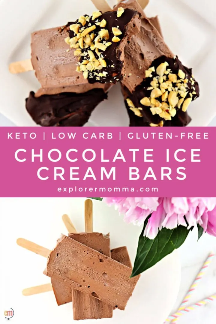 Easy keto chocolate ice cream bars are a low carb summer treat for kids or anyone! Dipped in sugar-free chocolate and nuts or plain, kids and adults both love them. #ketodesserts #ketochocolate #ketoicecream