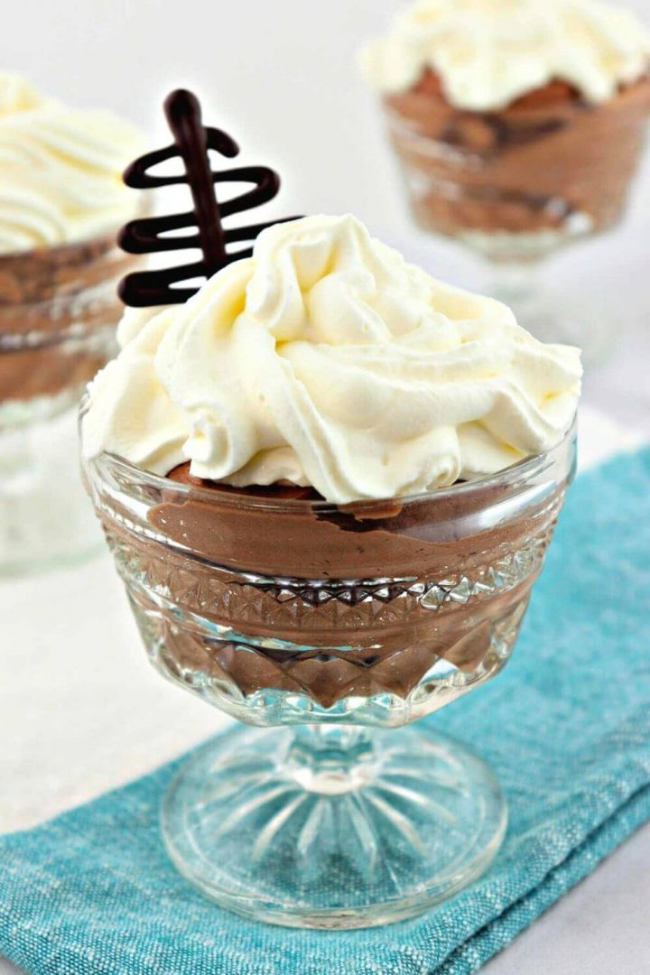 The best easy keto chocolate mousse in dish with whipped cream
