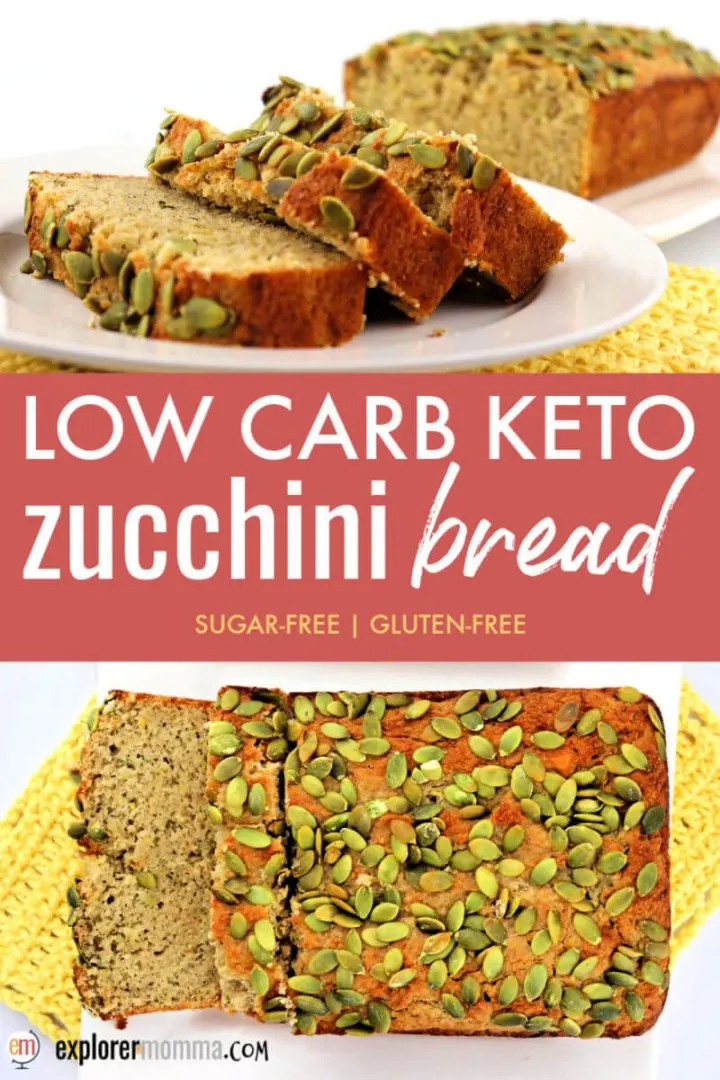Super delicious and moist, keto zucchini bread is filled with spice, zucchini, cream cheese, almond and coconut flours, all topped with pumpkin seeds. #ketorecipes #ketodesserts