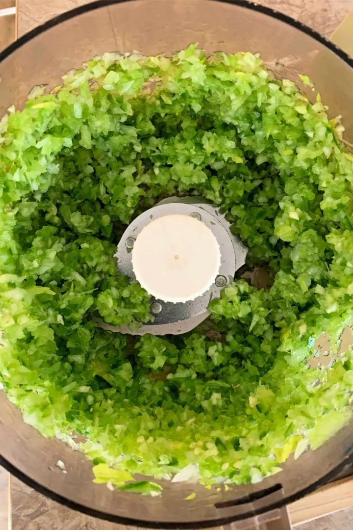 Finely chopped celery, onion, garlic, and green pepper in a food processor 