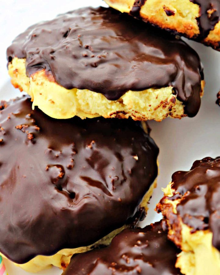 Keto Boston cream donuts on a white plate