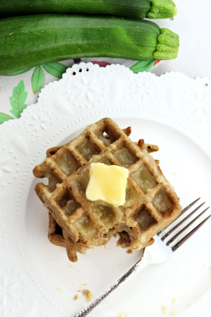 Bite out of keto zucchini waffles overhead