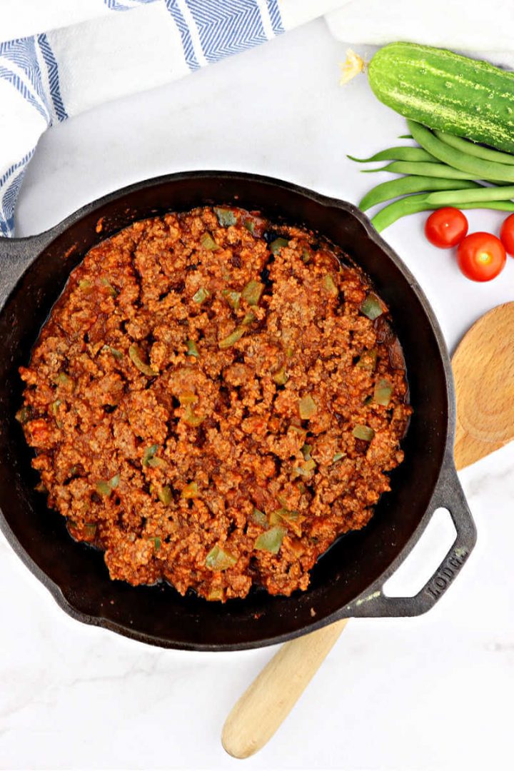 Keto sloppy Joe mixture in a skillet