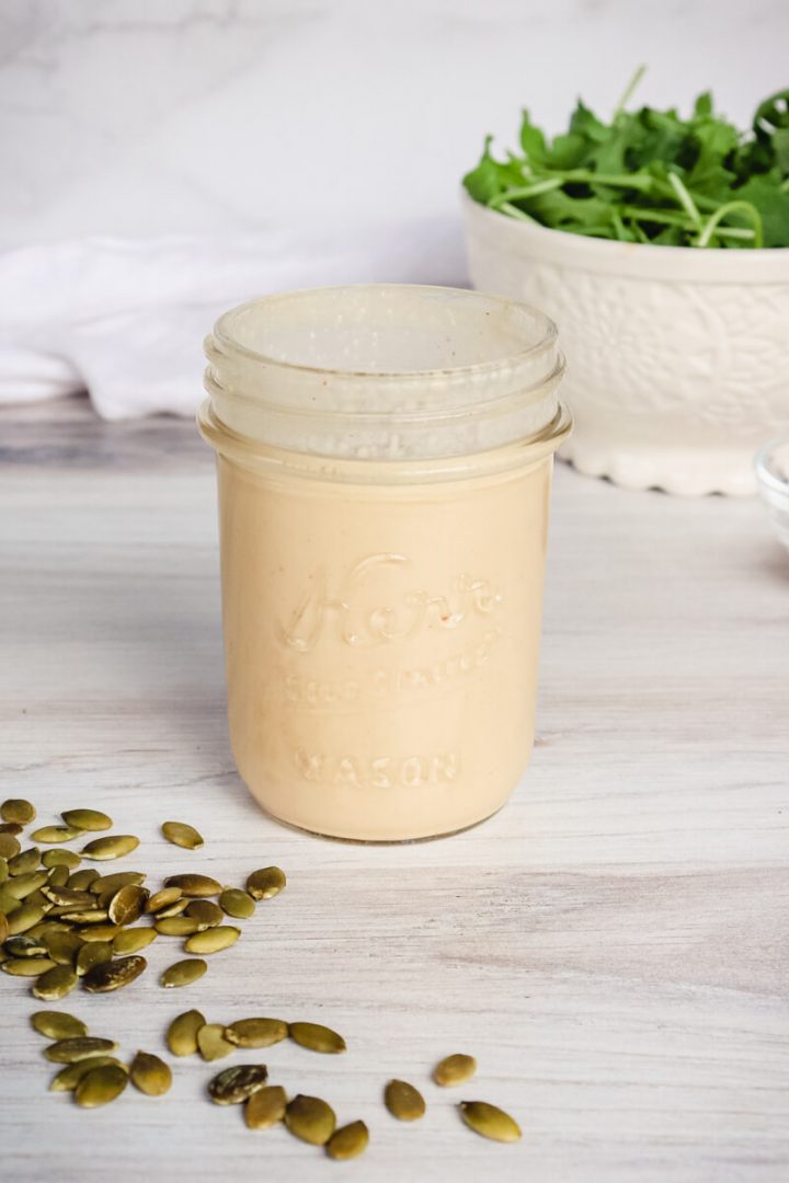 Jar of keto tahini dressing