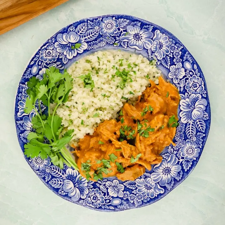 Overhead view of keto butter chicken instant pot and cauliflower rice