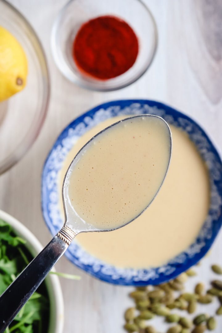 Spoon of keto tahini dressing