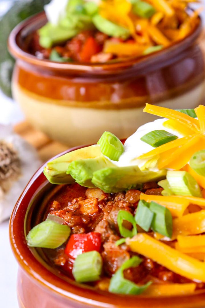 Close-up of a bowl of Keto chili with bacon