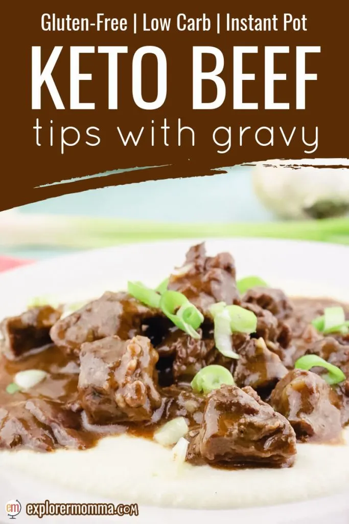 Front close up of keto beef tips with gravy and cauliflower mashed potatoes