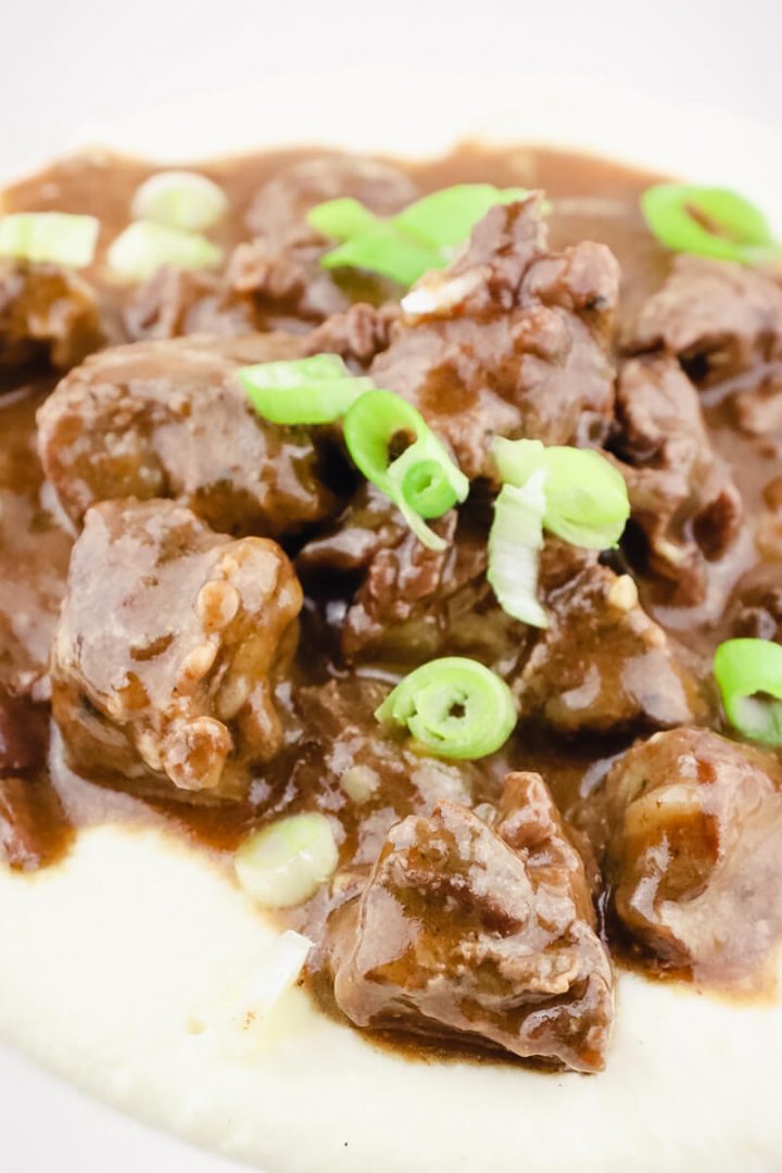 Close up of keto beef tips with gravy