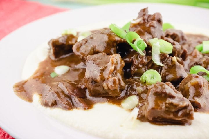 Close-up of keto beef tips with gravy