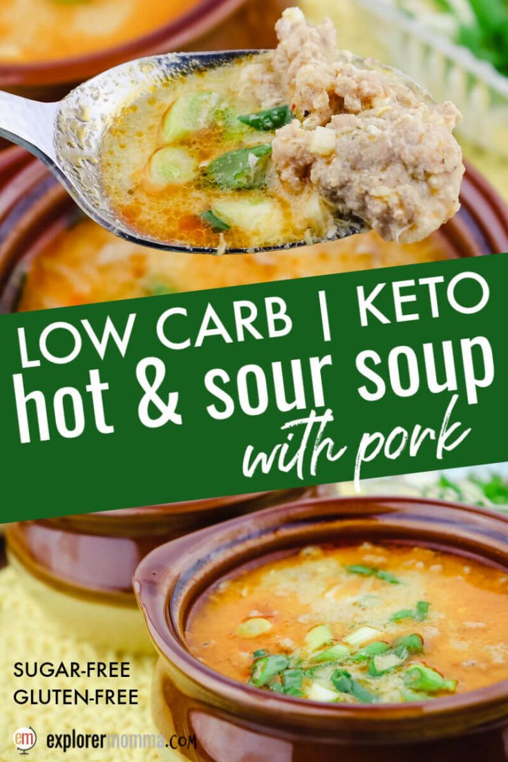 Keto hot and sour soup with pork bowls and a spoon
