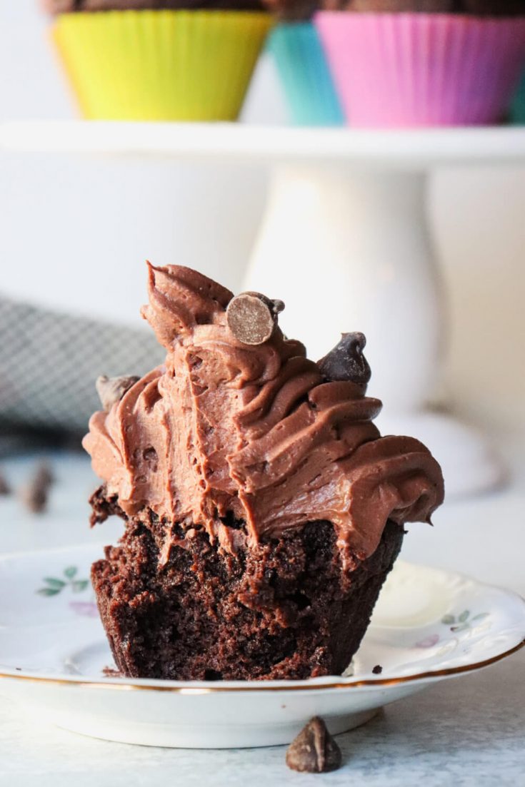 Bite out of a keto chocolate cupcake