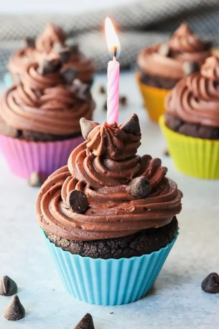 Keto chocolate cupcake with a birthday candle