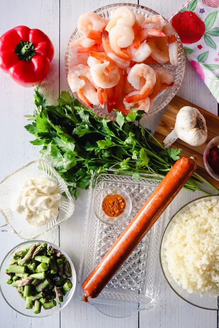 Overhead view keto paella ingredients