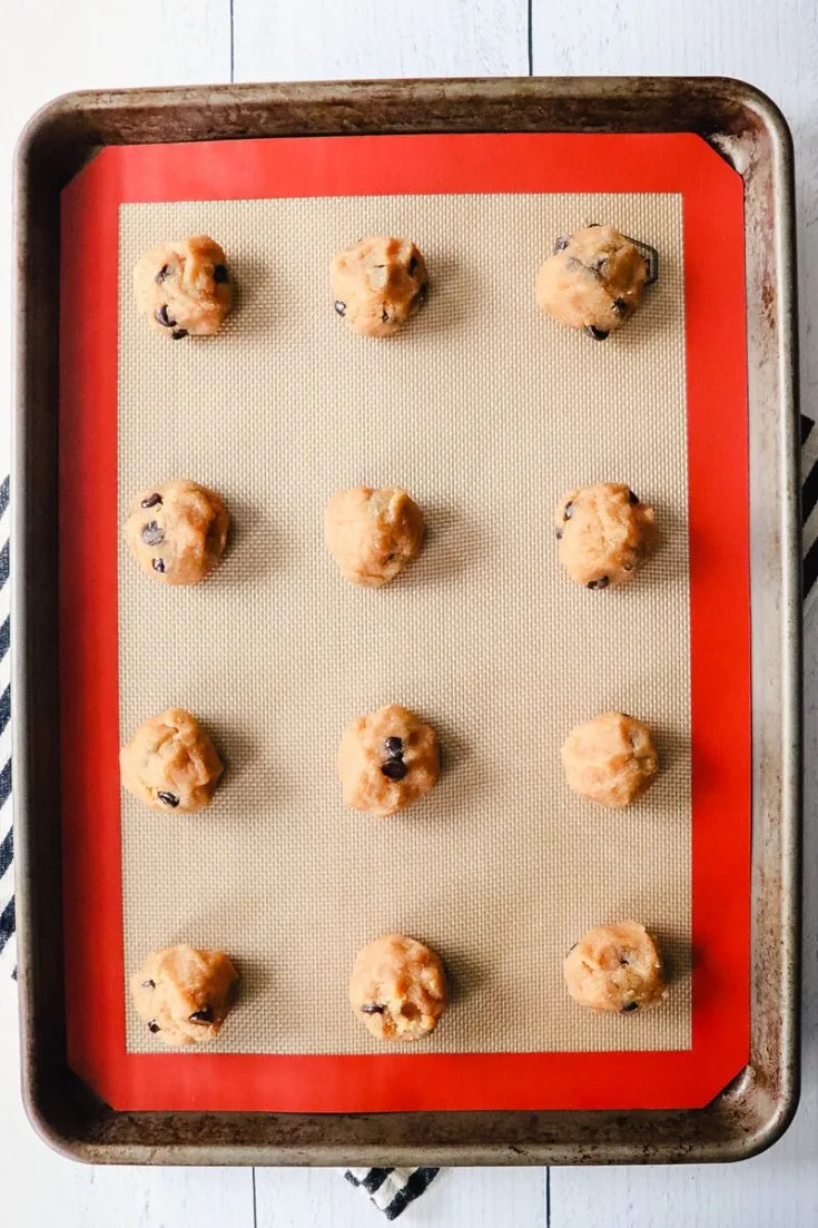Overhead view of keto peanut butter chocolate chip cookie dough balls