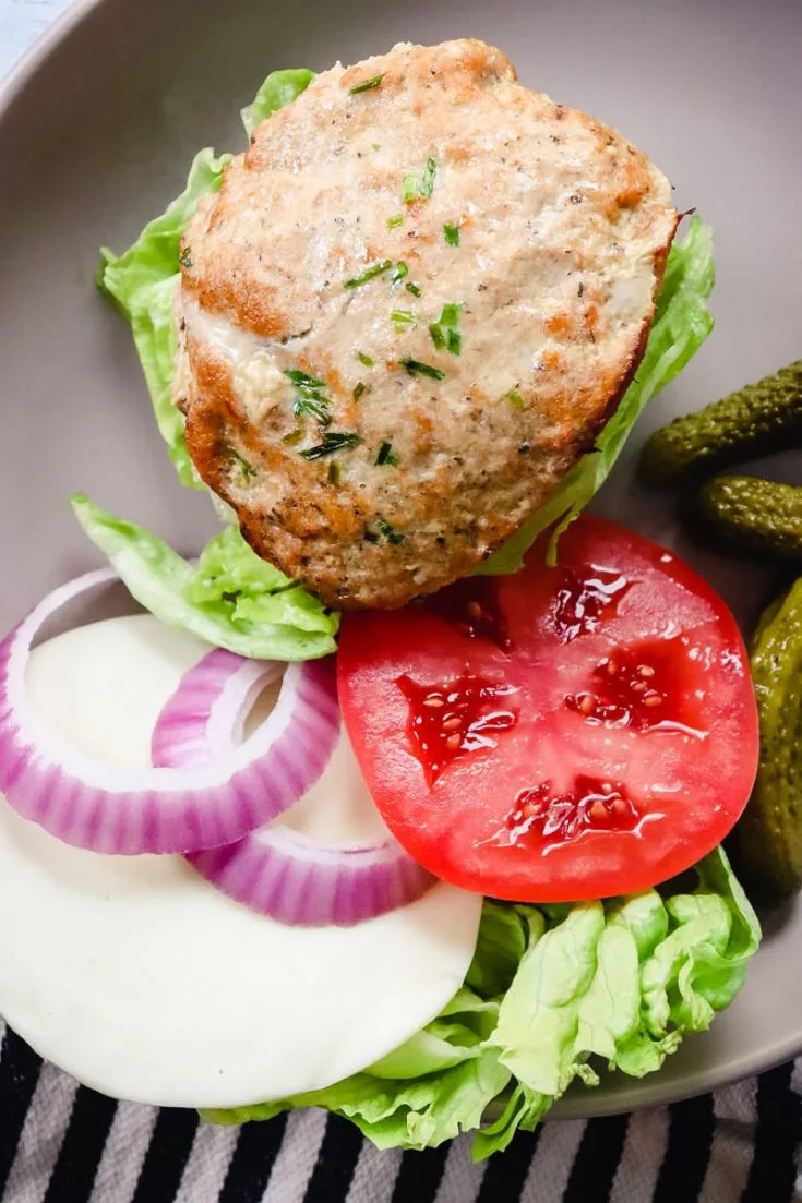 Overhead view of a keto turkey burger on a plate