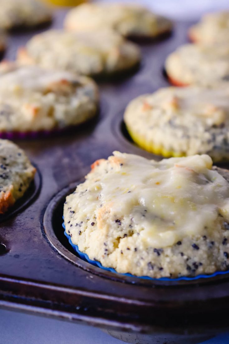 Pan of keto lemon poppy seed muffins