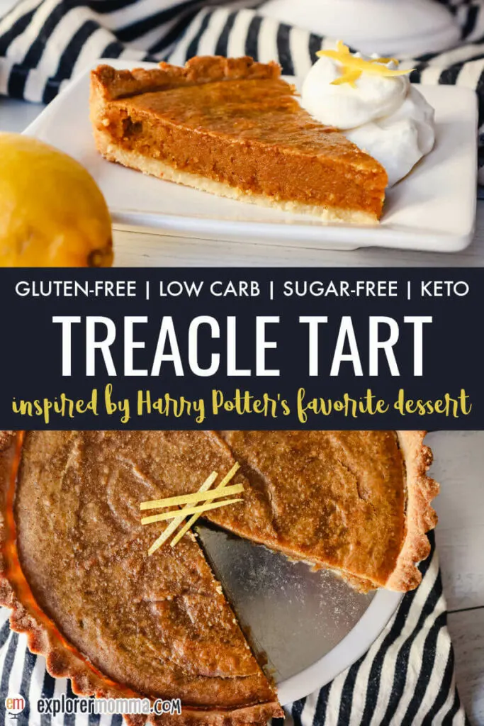 Piece of keto treacle tart on a plate, front and overhead view