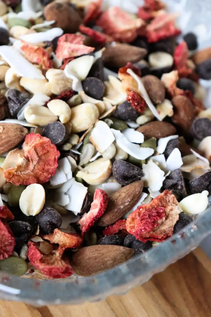 Close-up of keto trail mix in a bowl