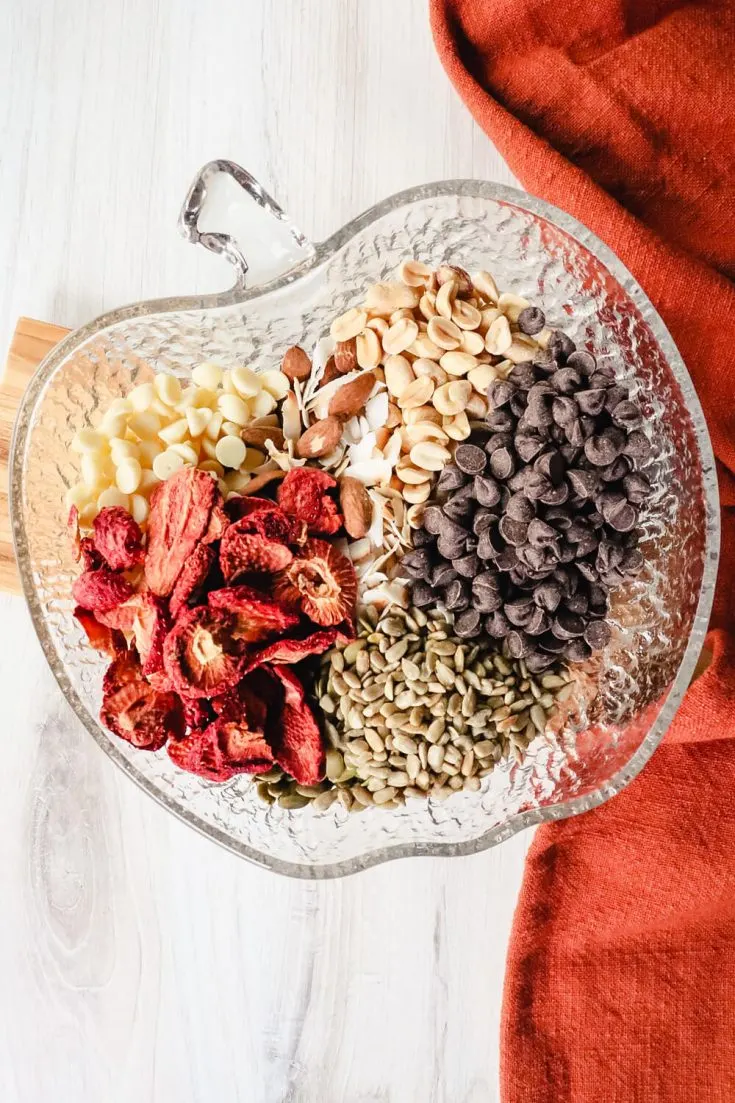 Low carb trail mix ingredients in a bowl