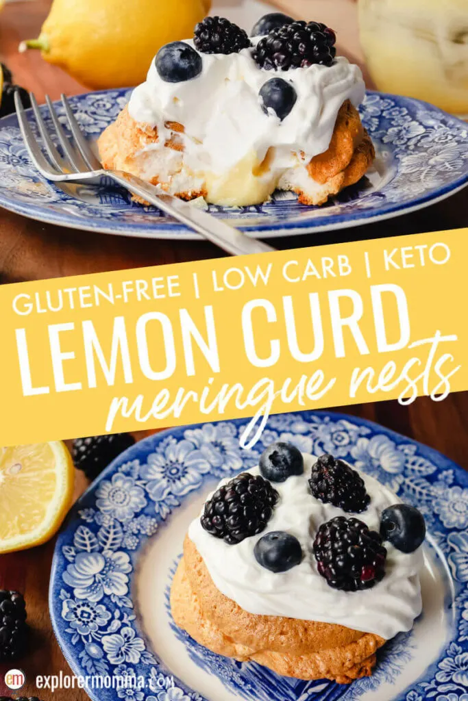 Keto lemon curd meringue nests with whipped cream on a plate