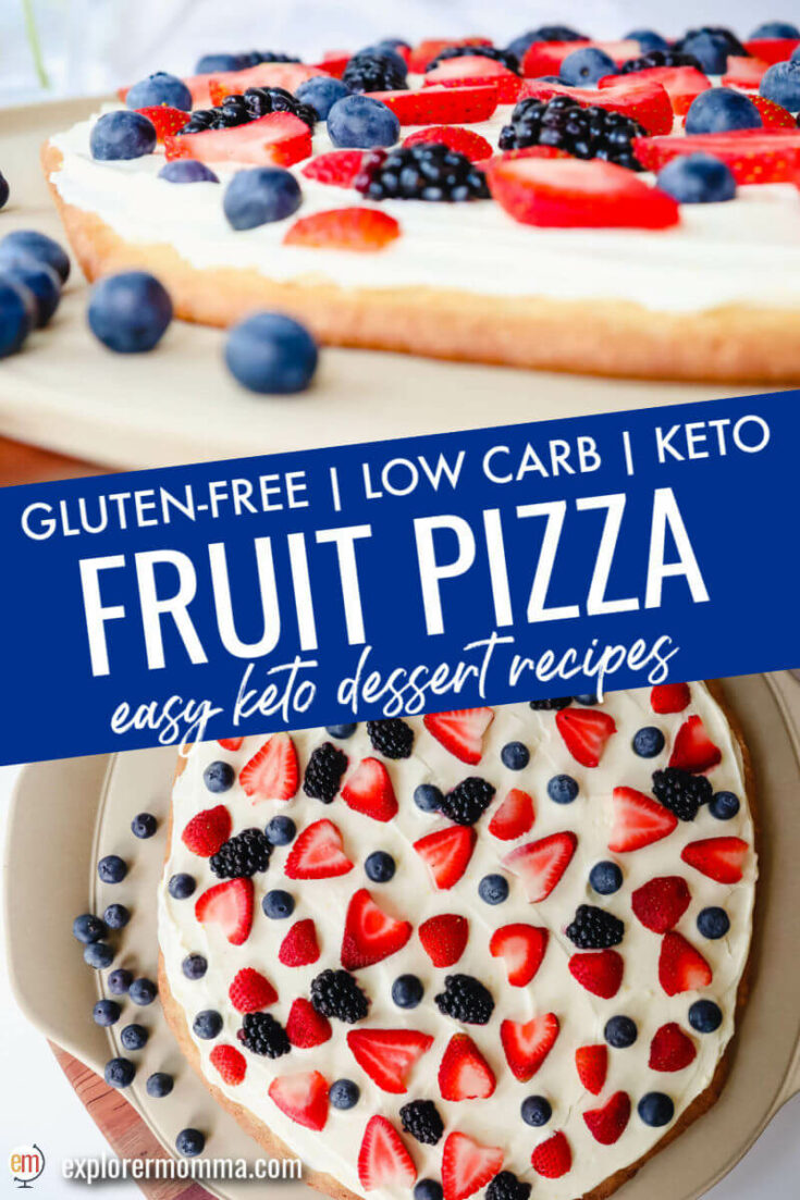 Views of a keto fruit pizza from the side and overhead.
