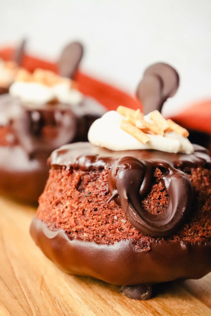 Front view of chocolate keto cauldron cakes