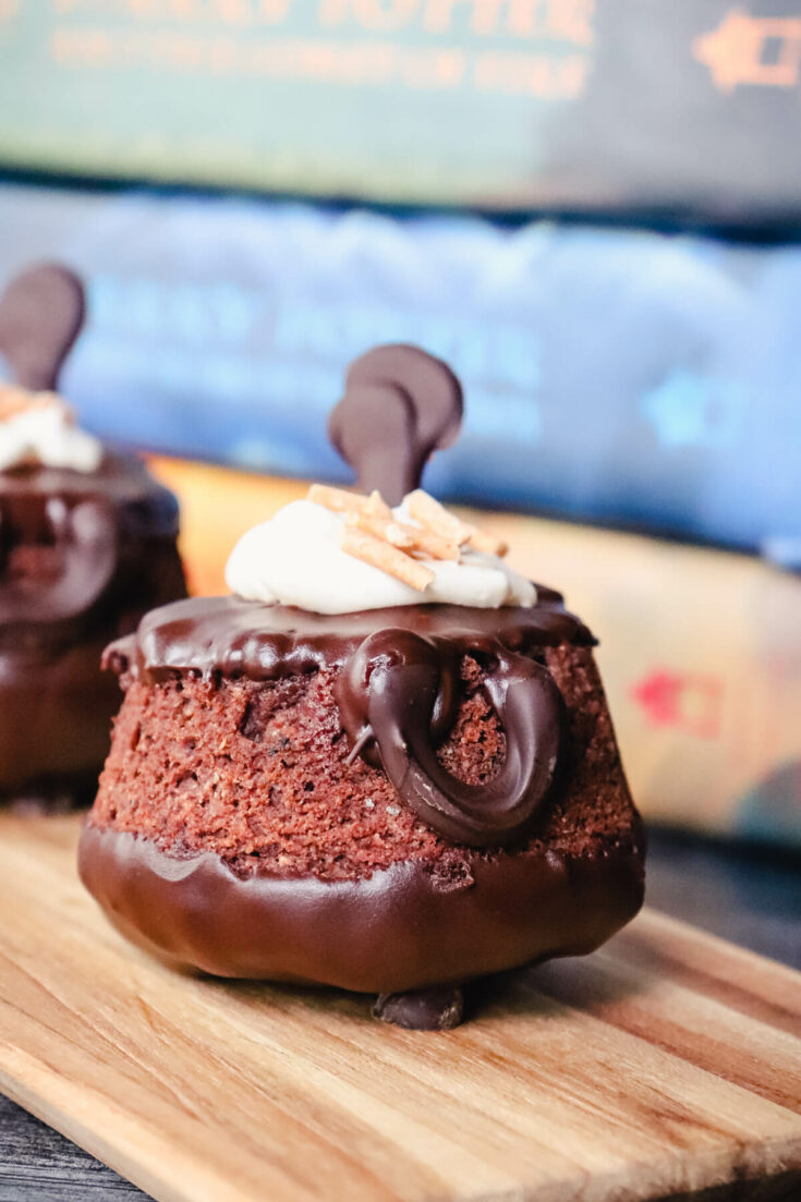 Keto cauldron cakes in front of Harry Potter books