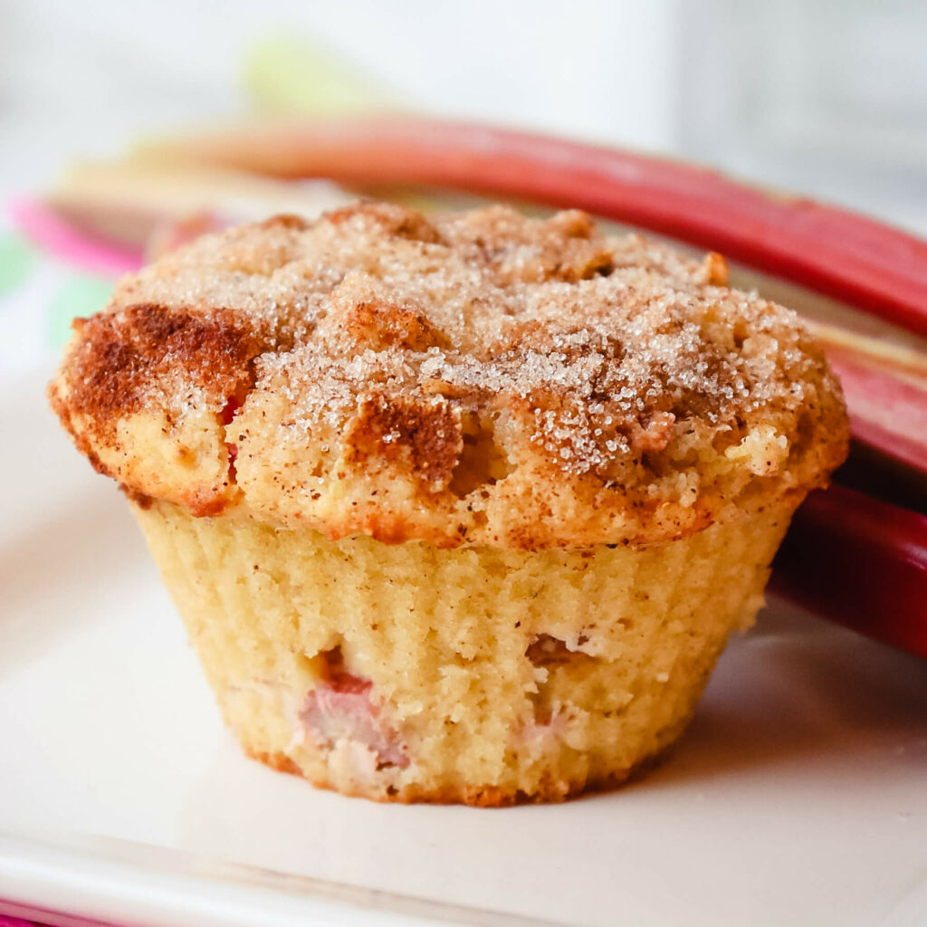 Front view of a keto rhubarb muffin with rhubarb in background