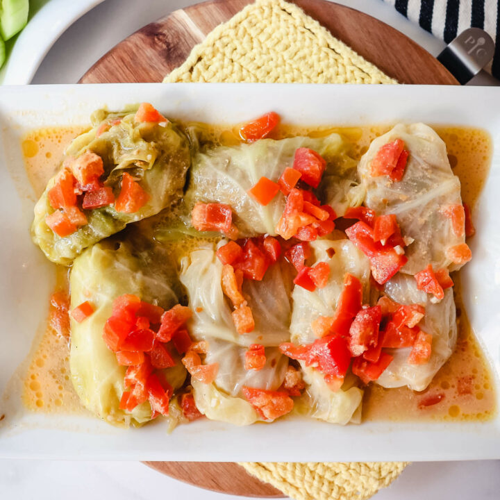 Overhead view of a plate of keto cabbage rolls