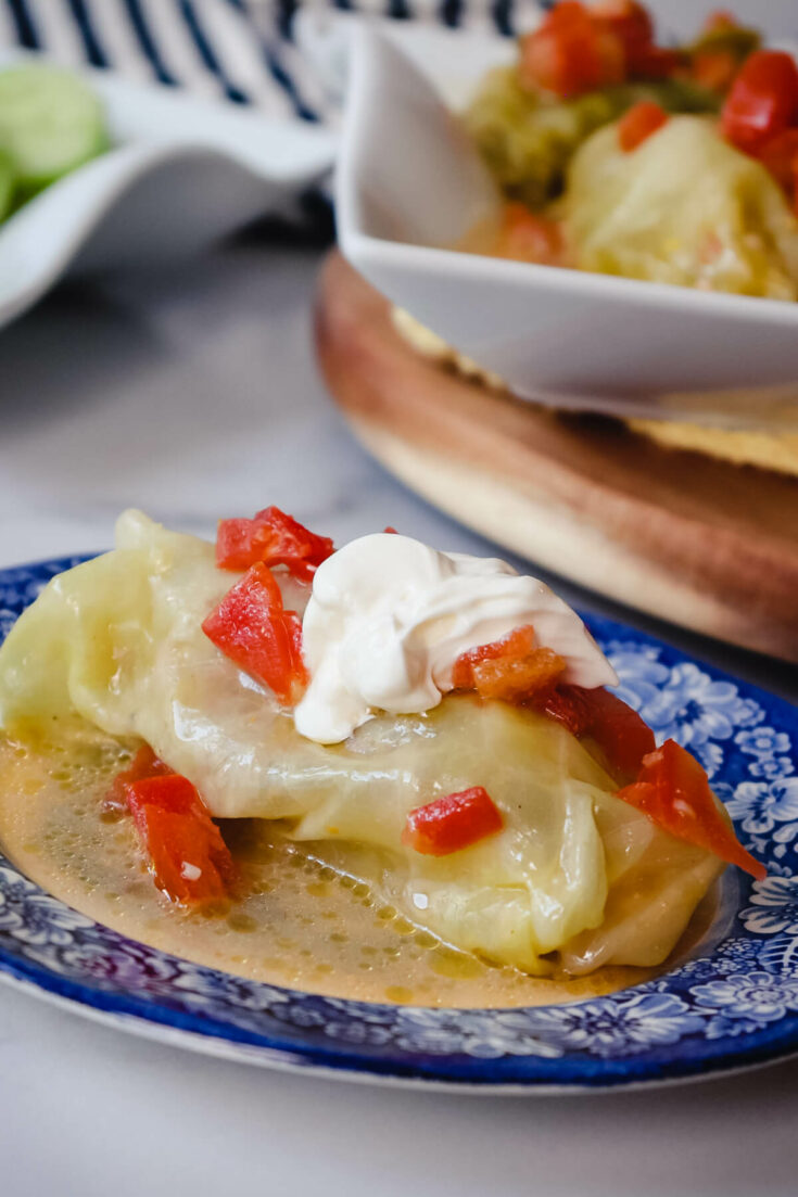 Keto cabbage rolls, one on a plate