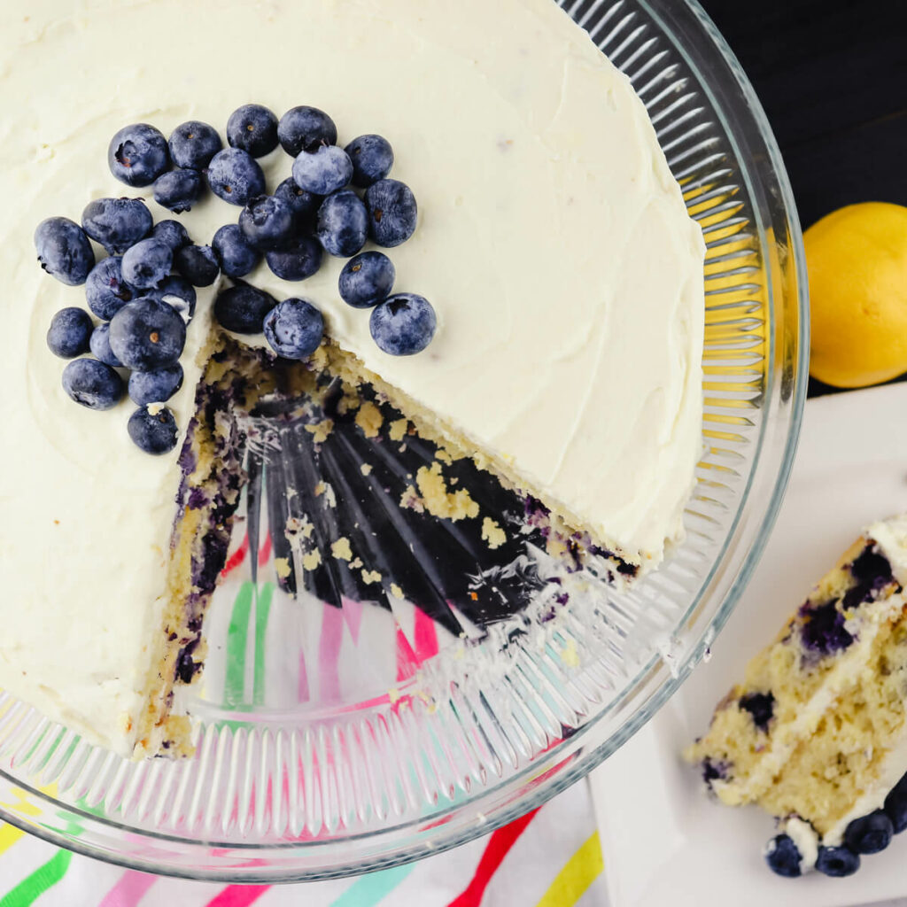 Low carb lemon blueberry cream cake overhead view