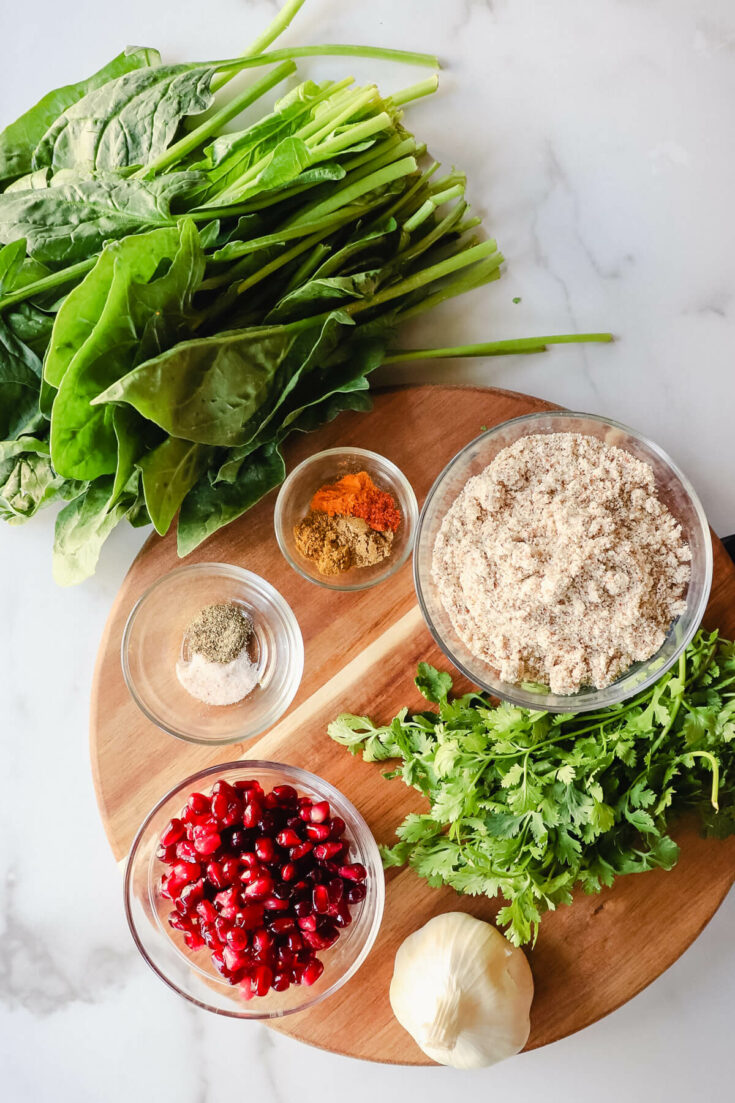 Overhead view of ingredients in Georgian salad, pkhali