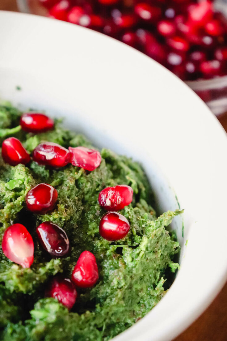 View of Georgian salad spinach pkhali