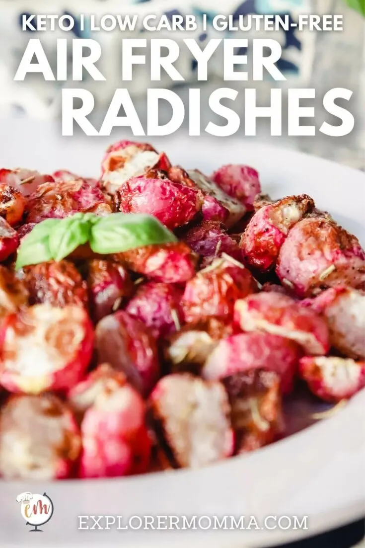 White plate filled with air fried radishes