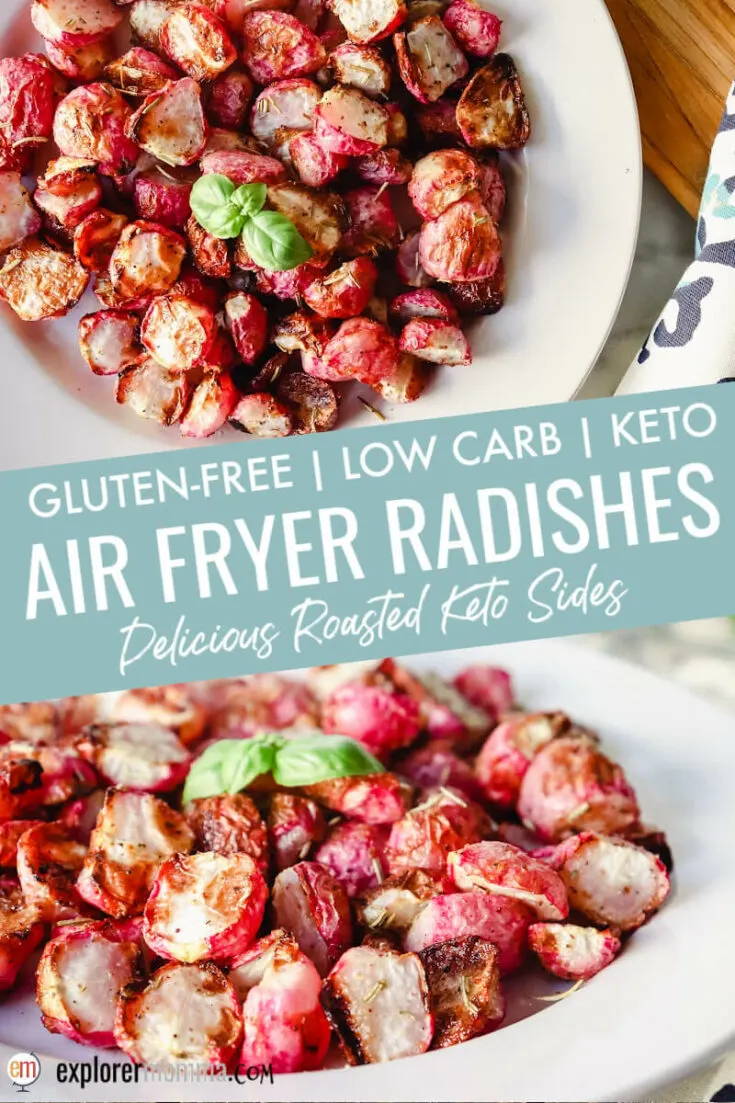 White plate filled with air fryer radishes