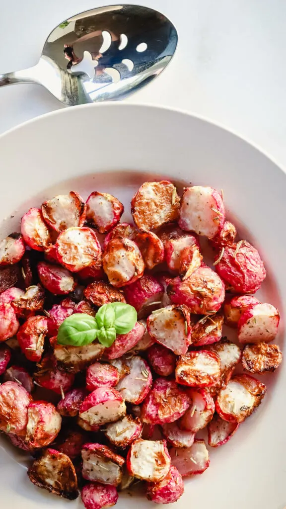 Overhead view of air fried radishes