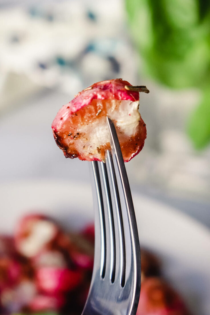 Air fried radish on a fork