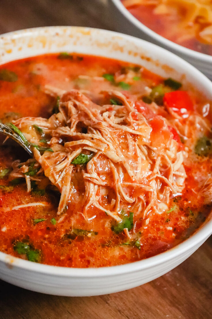 Spoon of shredded chicken in keto enchilada soup