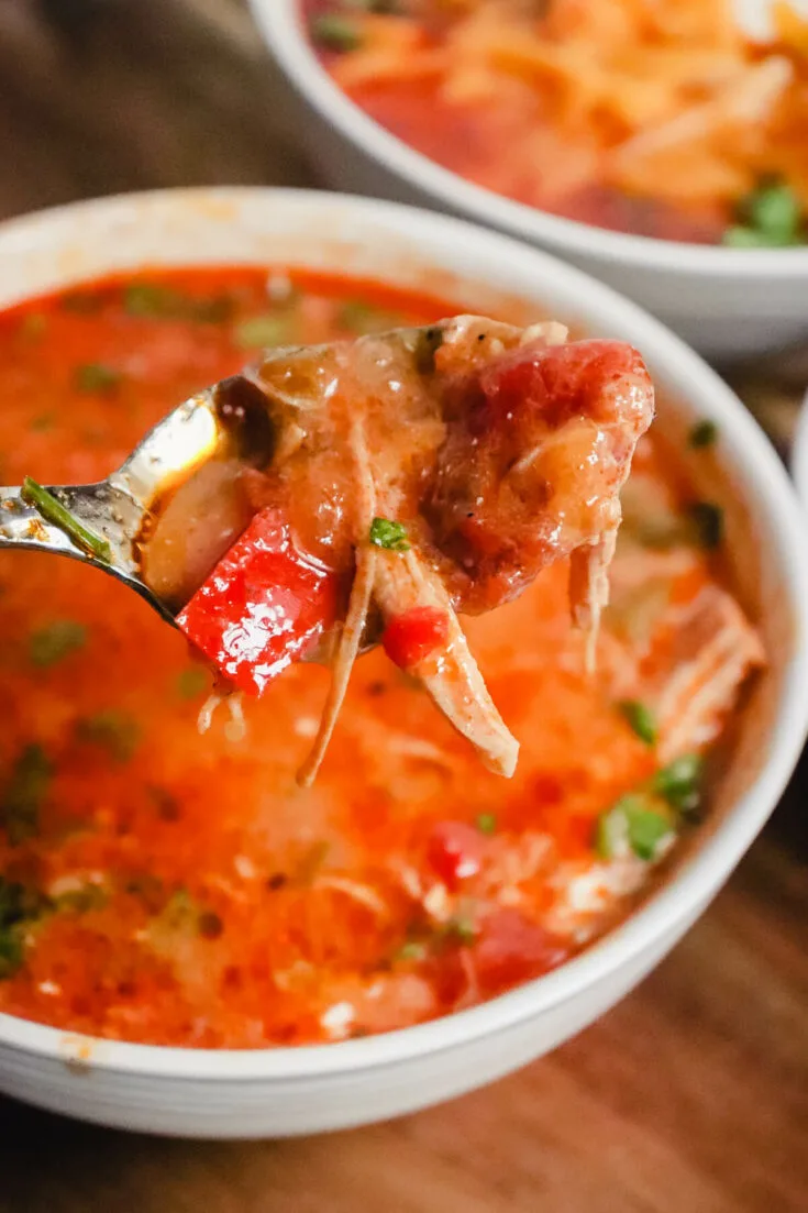 Spoon of keto chicken enchilada soup