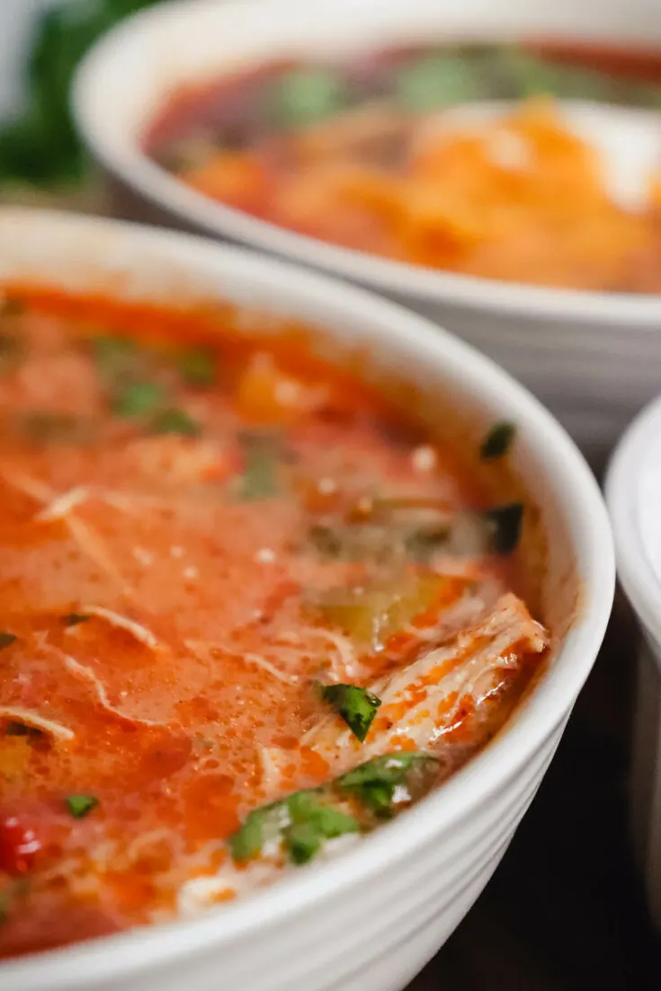 Two bowls of keto chicken enchilada soup from the side