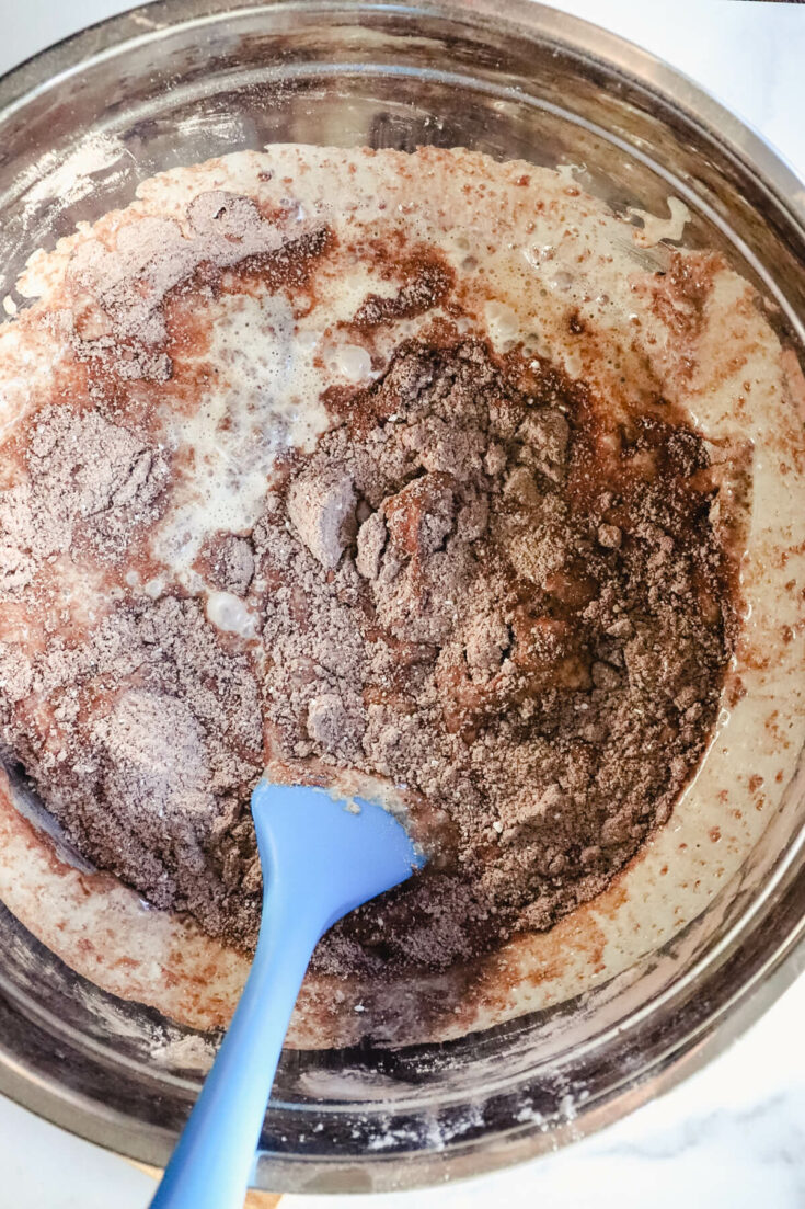 Overhead keto chocolate pound cake mixture