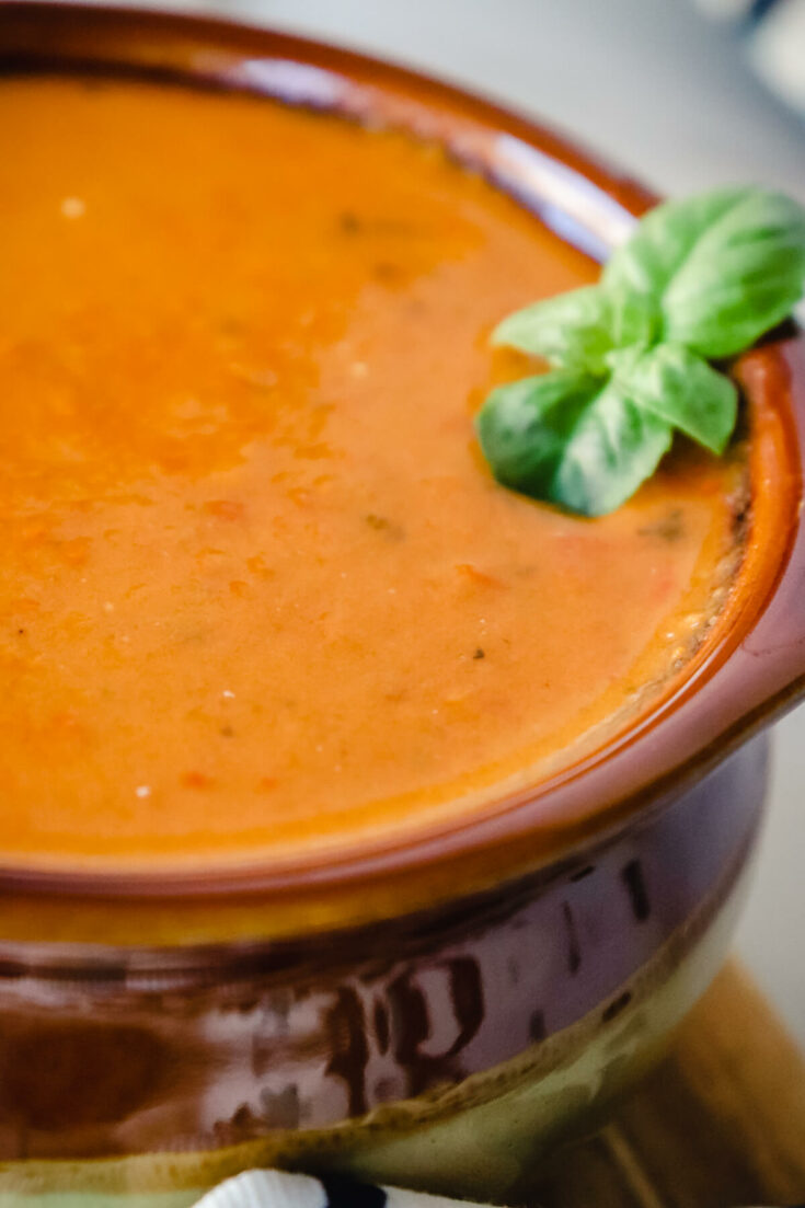 Close-up view of keto tomato soup with basil