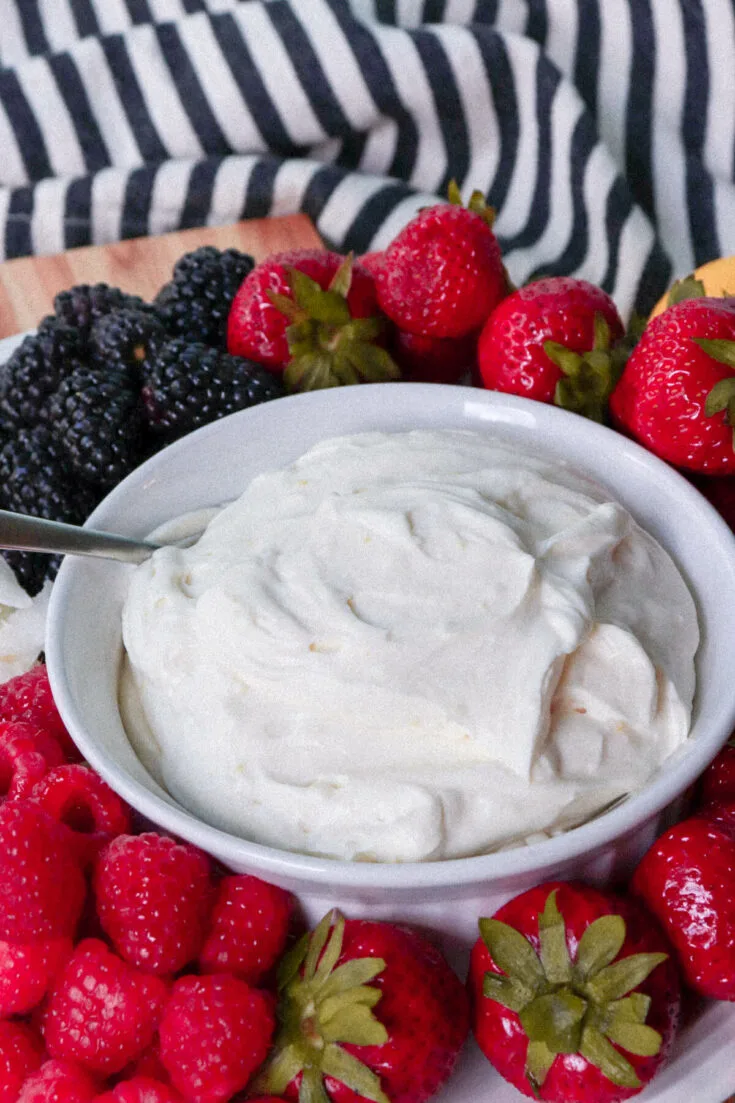 Front view of low carb fruit dip with berries