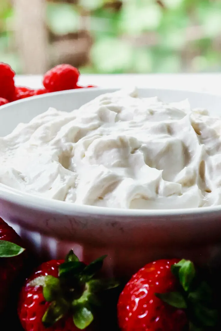 Front view of keto fruit dip and strawberries