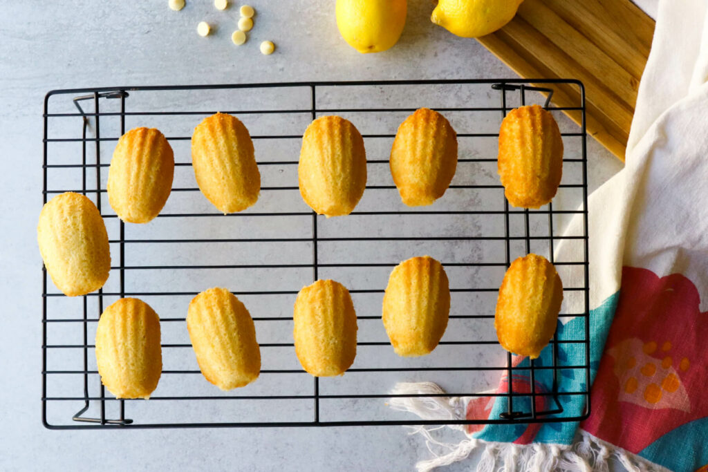 Baked keto madeleine cookies on the cooling rack