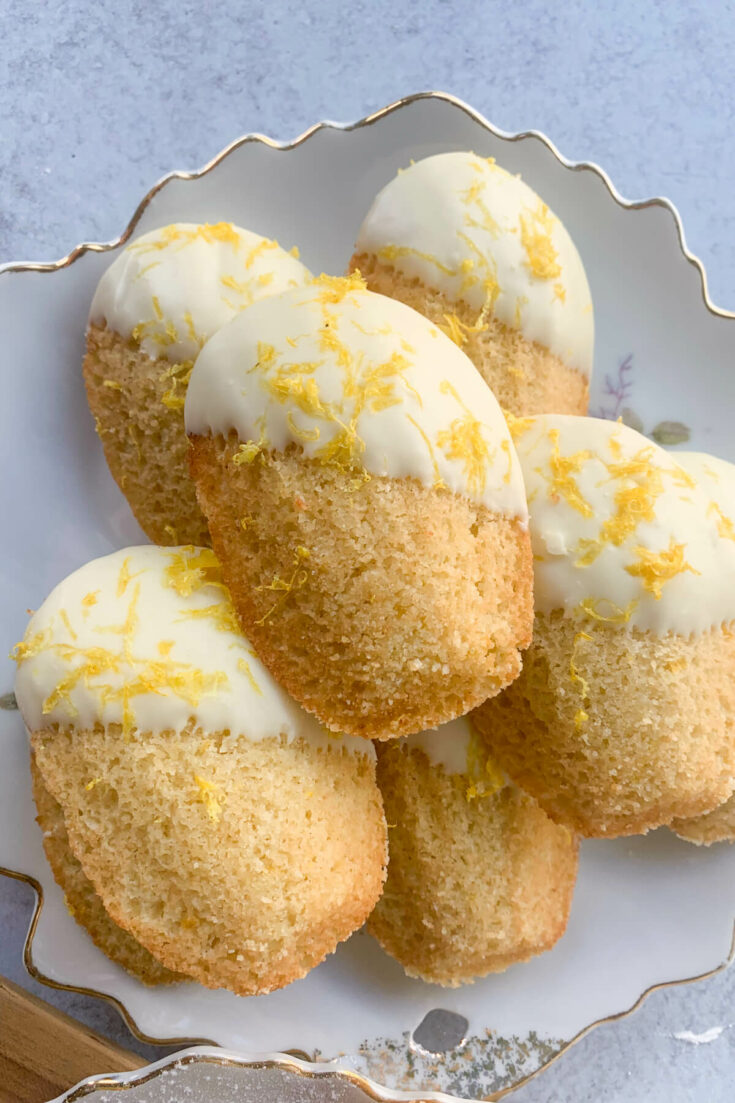 Low carb madeleines dipped in sugar free white chocolate