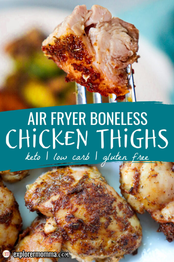 Air fryer boneless chicken thighs, whole piece and a bite