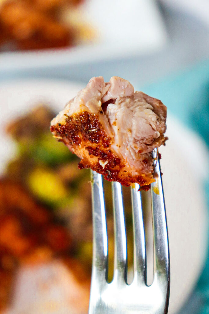 Piece of chicken on a fork with a blurred background